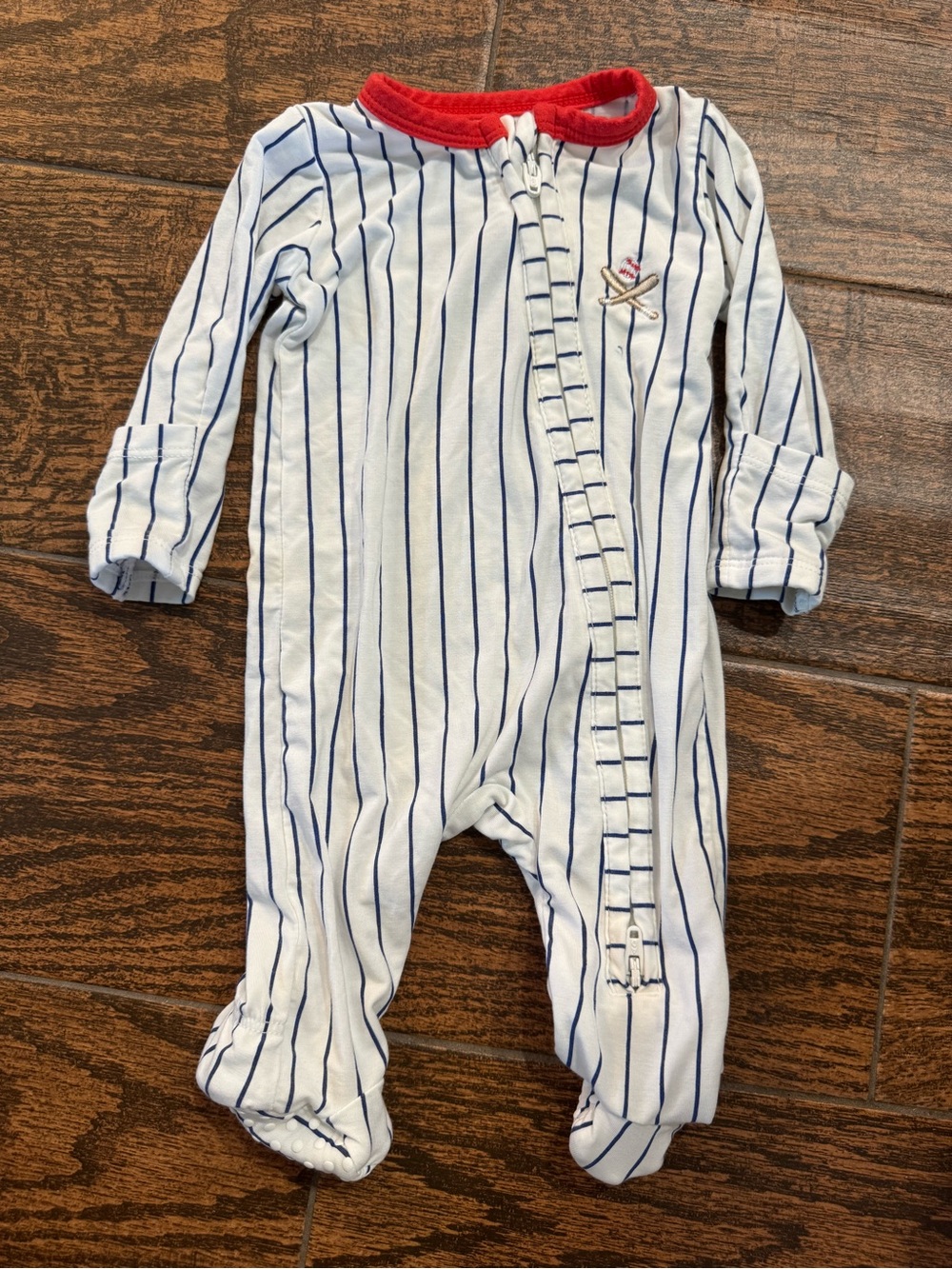 Angel Dear Baseball Navy-Striped White Footed One-Piece with Red Trim
